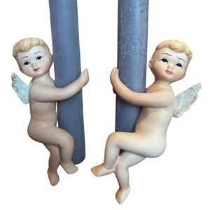 Vintage Lefton Celestial Angel Cherubs Matte Bisque Candle Huggers Pair Japan 4"
